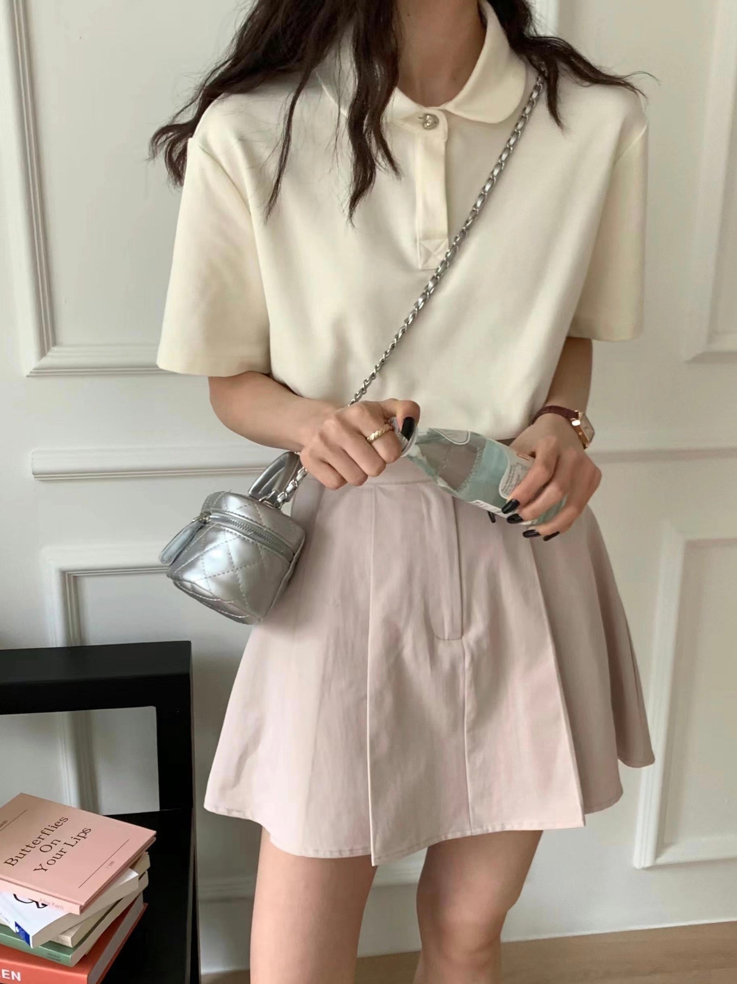 A9sday High-Waist Solid Pleated Mini Skirt