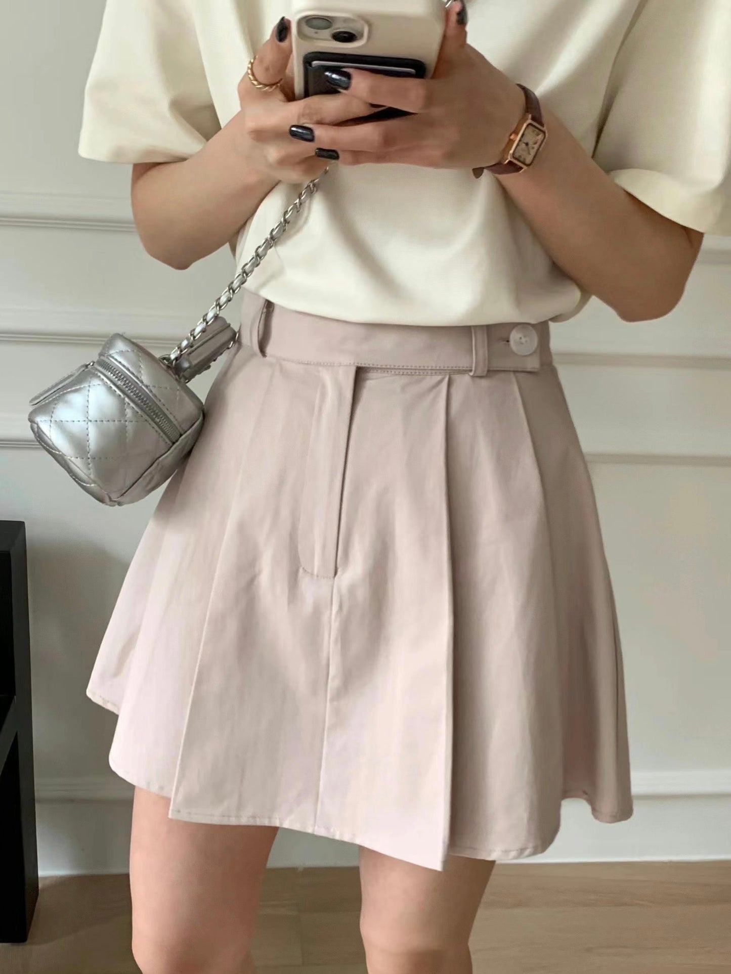 A9sday High-Waist Solid Pleated Mini Skirt