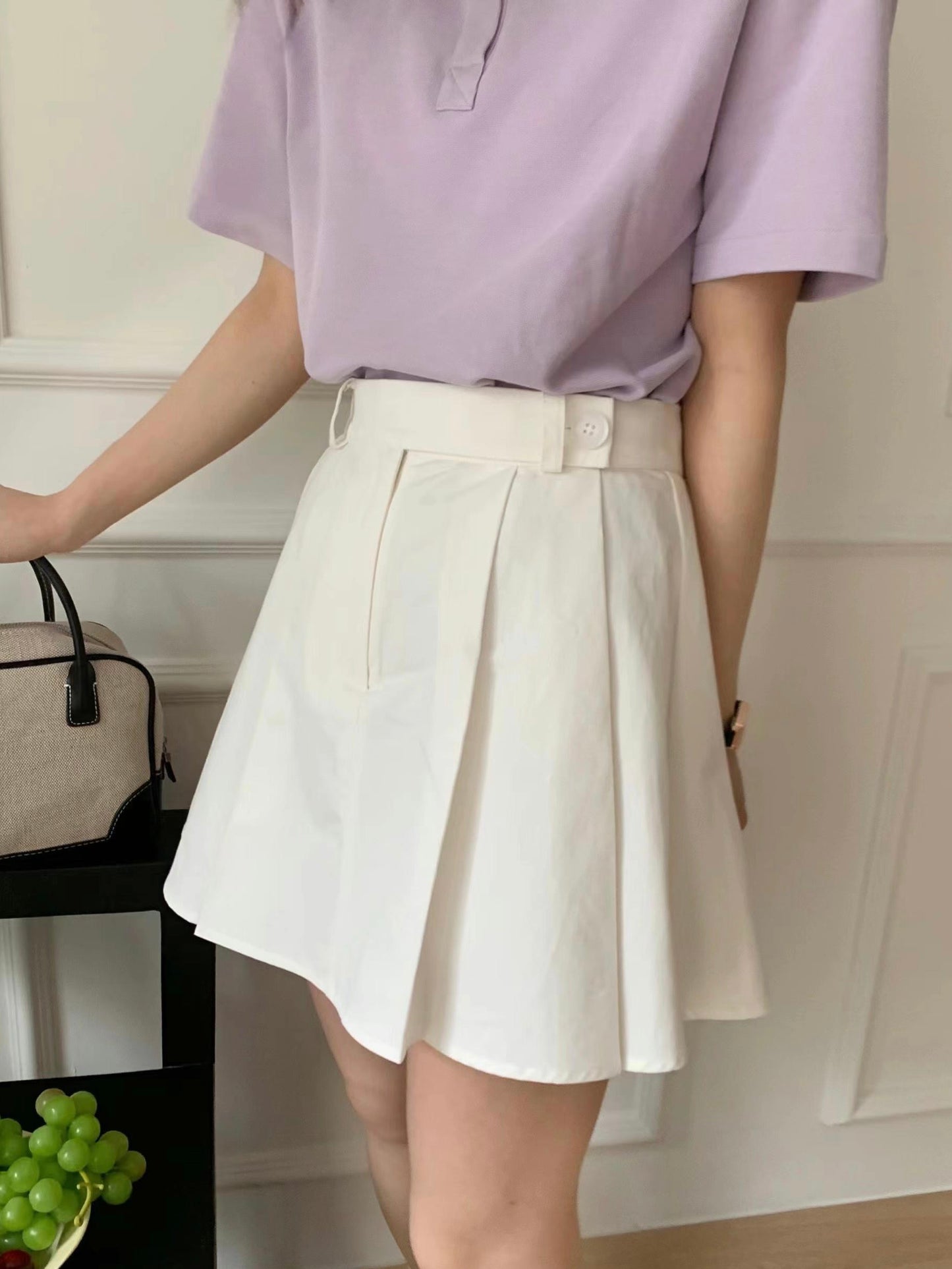 A9sday High-Waist Solid Pleated Mini Skirt